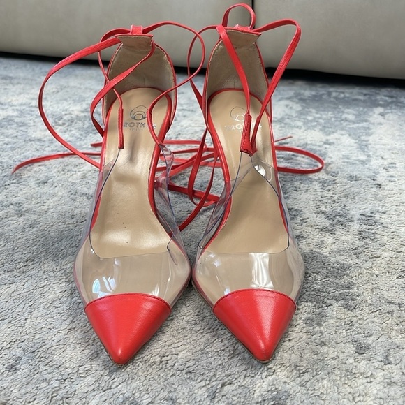 Brother Vellies De Fleur Ankle Tie Pointed Toe Pumps Red Orange PVC Sz 6 - Picture 7 of 15